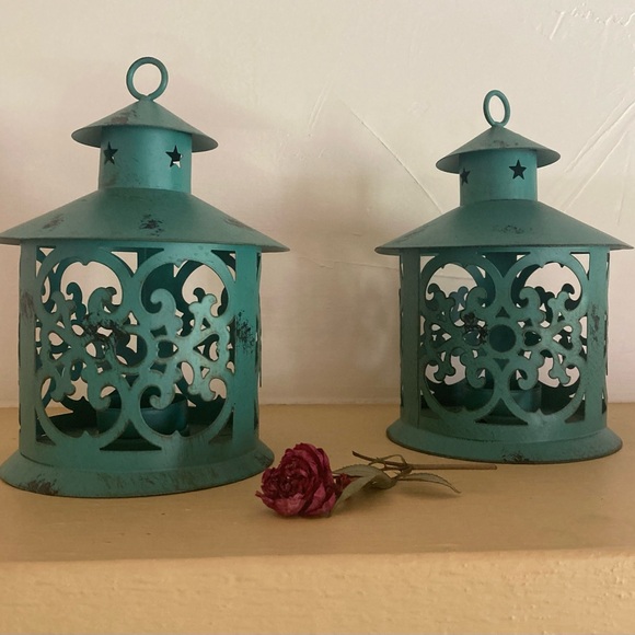 Two Decorative Teal Blue Metal Mini Tea Light Lanterns - Picture 3 of 9